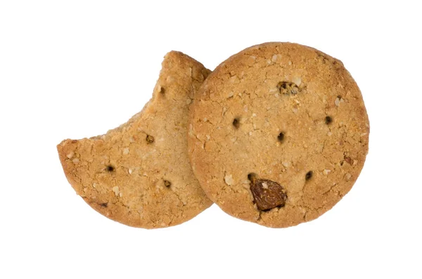 Yulaf ezmeli kurabiye ile kuru üzüm ve badem whit üzerinde izole üstte — Stok fotoğraf