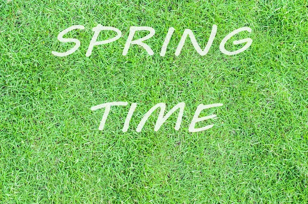 Spring time stamp on a background of green grass — Stock Photo, Image