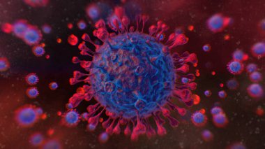 Coronavirus covid-19 3 boyutlu grafik arkaplan çizimi, yüzeysel alan derinliği. Seçici odak tekniği.