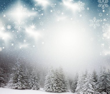 Karlı kış manzarasının Noel arkaplanı kar veya köknar ağaçlarıyla kaplı - kış büyülü bayramı