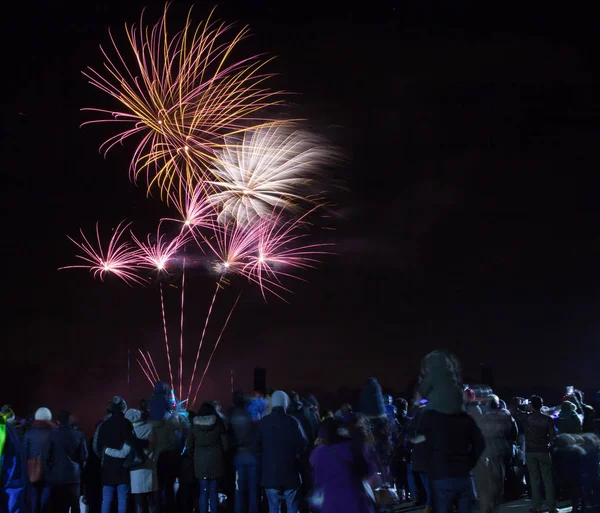 Menigte kijken vuurwerk op Nieuwjaar — Stockfoto