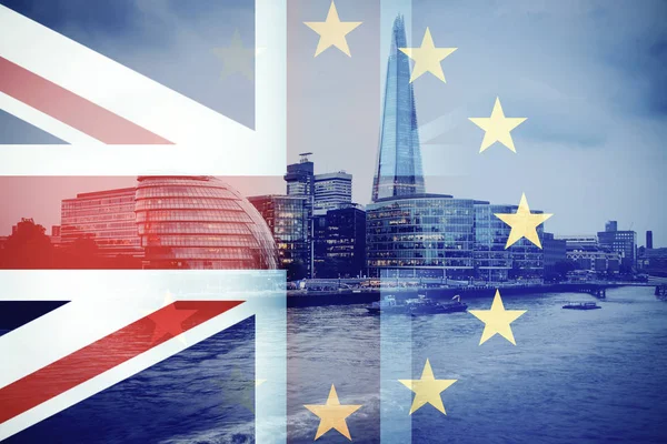 Brexit concept - UK flag on symbols of London — Stock Photo, Image