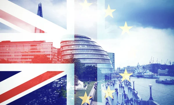 Brexit concept - UK flag on symbols of London