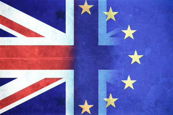 Концепция Брексита - флаг Великобритании на символах Лондона
