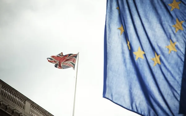 Brexit concept - UK flag on symbols of London — Stock Photo, Image