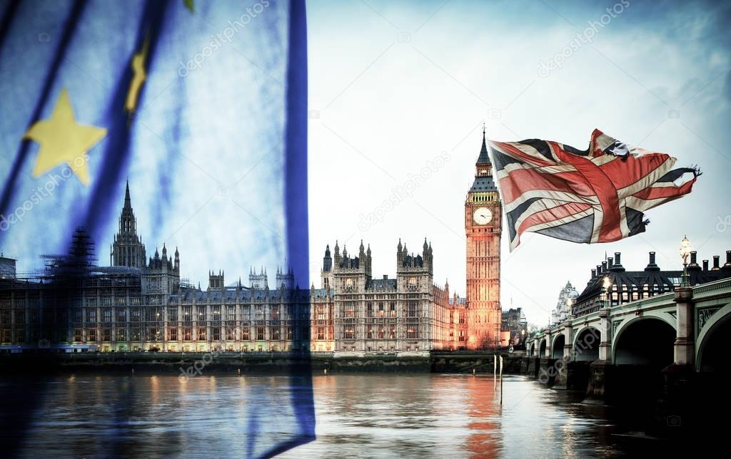 Brexit concept - UK flag on symbols of London