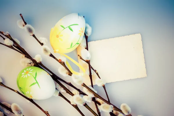 Kukum ve renkli yumurta - kopya spac ile Paskalya arka plan — Stok fotoğraf