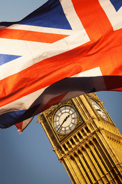 brexit concept - Union Jack flag and iconic Big Ben in the backg