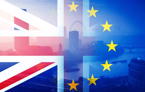 Brexit concept - Union Jack flag and EU flag combined over iconi — Stock Photo, Image