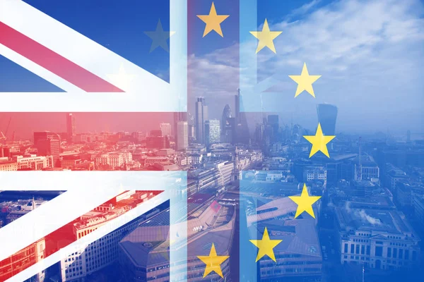 Brexit concept - Union Jack flag and EU flag combined over iconi — Stock Photo, Image