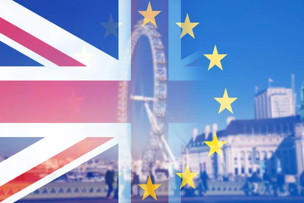 Brexit concept - Union Jack flag and EU flag combined over iconi — Stock Photo, Image