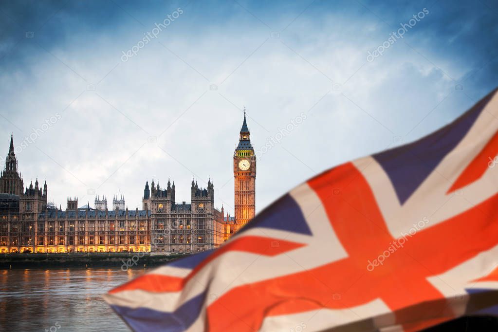 brexit concept - Union Jack flag and iconic Big Ben in the backg