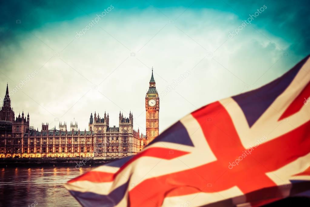 brexit concept - Union Jack flag and iconic Big Ben in the backg