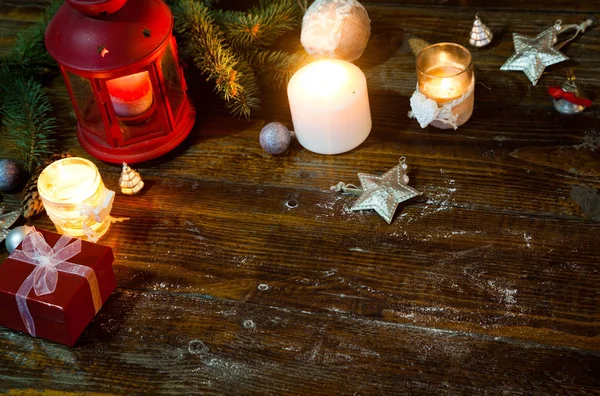 Christmas Lantern with decorations on blue wooden background — Stock Photo, Image