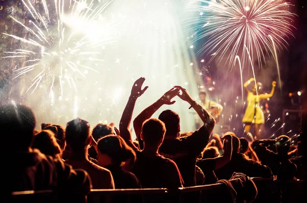 Cheering crowd watching fireworks - new year concept — Stock Photo, Image