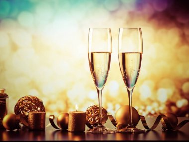 iki şampanya bardağı tatil ışıklar ve havai fişek - yeni karşı