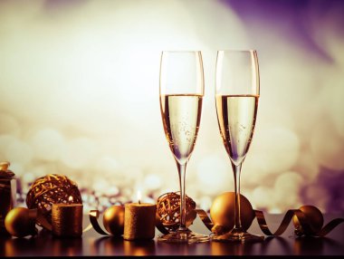 iki şampanya bardağı tatil ışıklar ve havai fişek - yeni karşı
