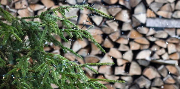 Дрова деревьев возле сарая в снегопад готовы к зимнему отоплению — стоковое фото