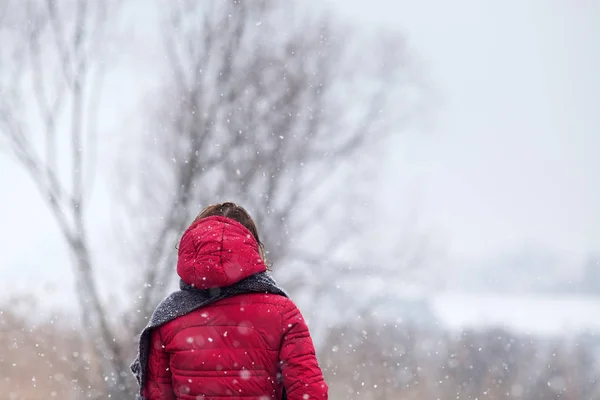 Mujer en abrigo rojo caminando en fuertes nevadas en el campo —  Fotos de Stock