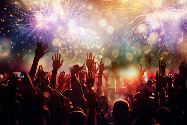 Cheering crowd watching fireworks - new year concept — Stock Photo, Image