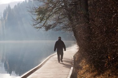 Slovenya, Bled gölünde sisli bir sonbahar sabahı