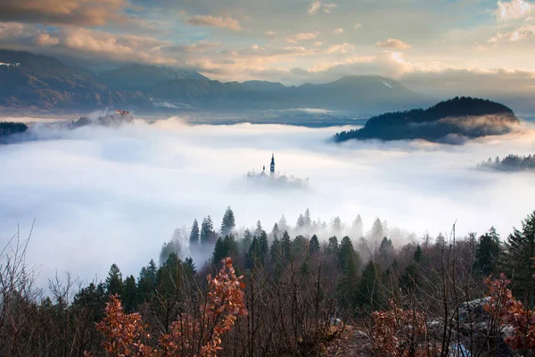 amazing sunrise at lake Bled from Ojstrica viewpoint, Slovenia,