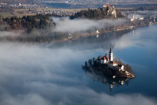 Aerial view over lake Bled on a foggy morning from Ojstrica view — Stock Photo, Image