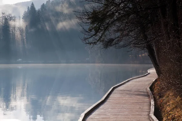 Туманное осеннее утро на озере Блед, Словенья — стоковое фото
