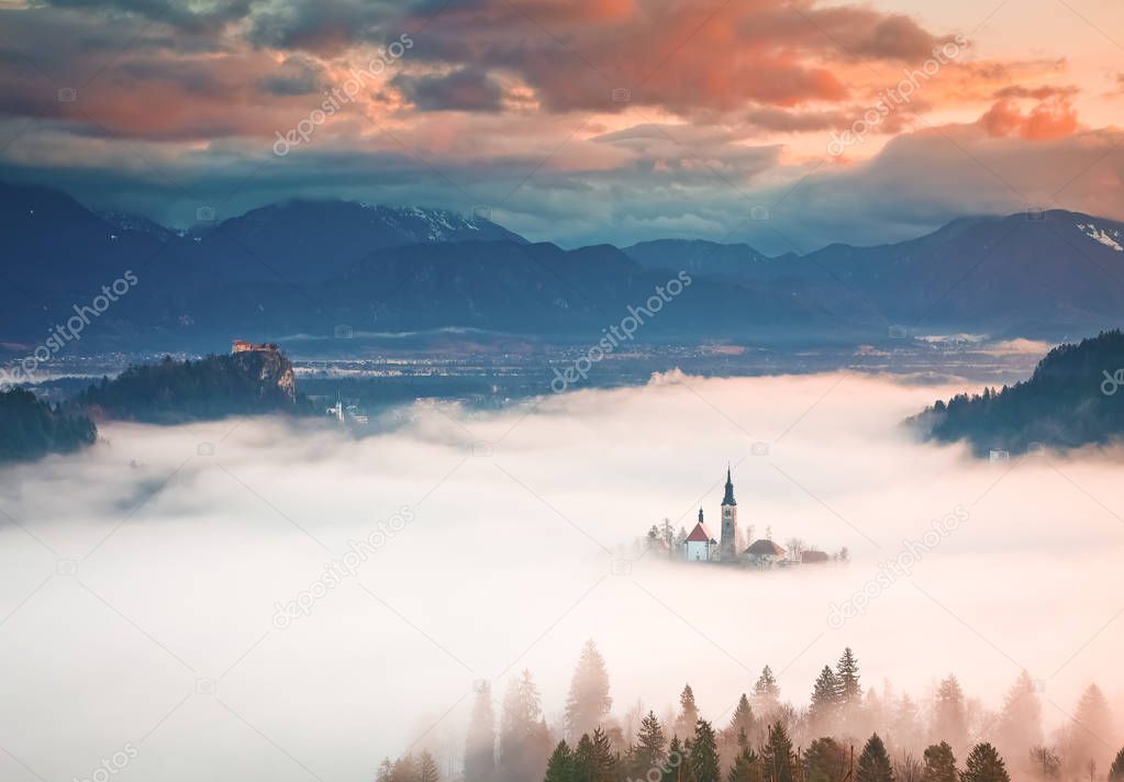 amazing sunrise at lake Bled from Ojstrica viewpoint, Slovenia, 