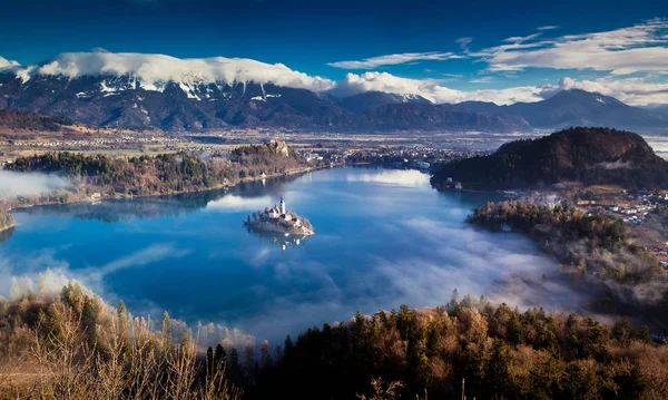 Ojstrica에서 안개 아침에 Bled 경쟁 호수 이상의 놀라운 보기 — 스톡 사진
