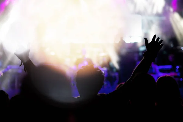 Multidão com as mãos levantadas no concerto - festival de música de verão — Fotografia de Stock