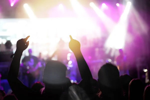 Multidão com as mãos levantadas no concerto - festival de música de verão — Fotografia de Stock