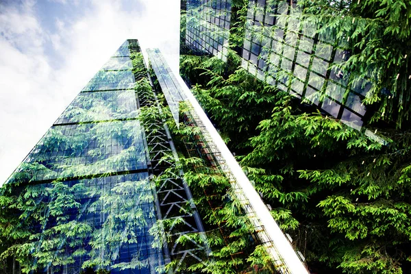Green City Double Exposure Lush Green Forest Modern Skyscrapers Windows — Stock Photo, Image
