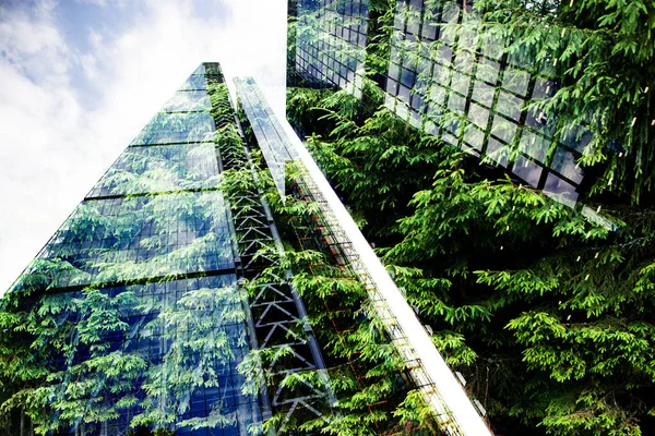 green city - double exposure of lush green forest and modern skyscrapers windows