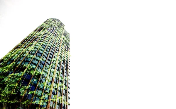 Green City Double Exposure Lush Green Forest Modern Skyscrapers Windows — Stock Photo, Image