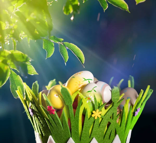 Huevos Pascua Fondo Primavera Cesta — Foto de Stock