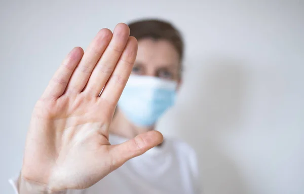 Stop Coronavirus Woman Wearing Medical Mask Raising Hand 2019 Ncov — Stock Photo, Image