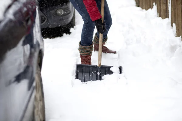 Woman Red Jacket Shovel Cleaning Snow Winter Shoveling Removing Snow — Stock Photo, Image