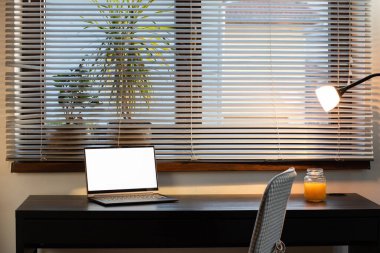 Ofisteki kadın kopyalama alanı için alacakaranlık beyaz ekranında bilgisayarla çalışıyor