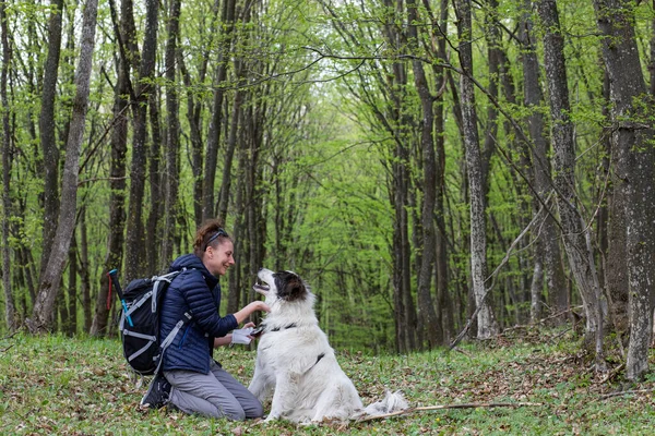 Yeşil Ormanda Köpeğiyle Bir Kadın — Stok fotoğraf
