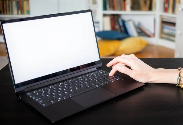 Lycklig Kvinna Som Arbetar Laptop Hemmakontoret — Stockfoto