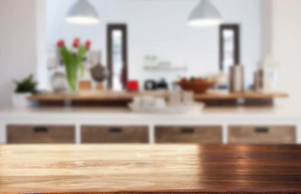 Verschwommene Küche Interieur Und Schreibtisch Raum Heimat Hintergrund — Stockfoto