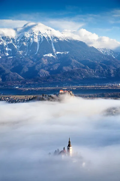 Stupendo Panorama Del Lago Bled Blejsko Jezero Una Mattinata Nebbiosa — Foto Stock