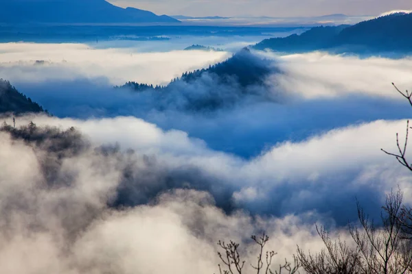 Panorama Amazing Foggy Sunrise Mountains — Stock Photo, Image