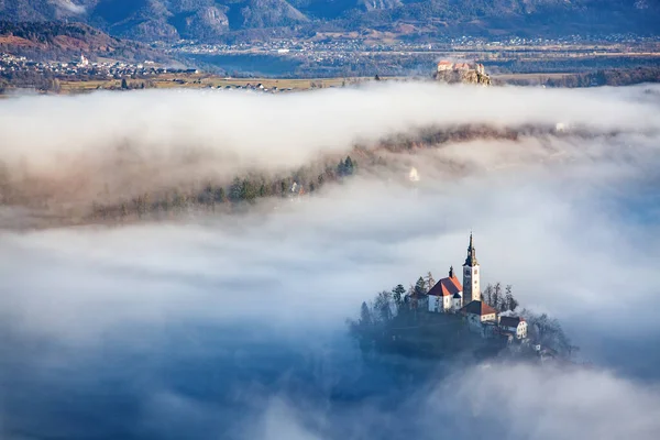 Stupendo Panorama Del Lago Bled Blejsko Jezero Una Mattinata Nebbiosa — Foto Stock