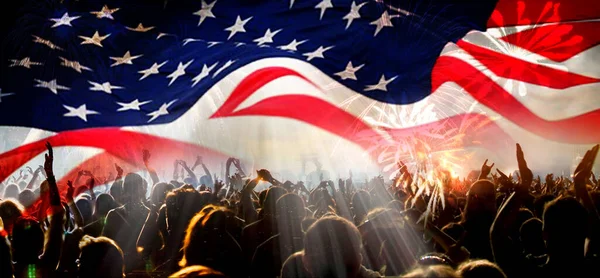 Usa Flag Crowd Fireworks 4Th July Independence Day Celebration — Stock Photo, Image