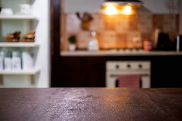 blurred kitchen interior and desk space home background