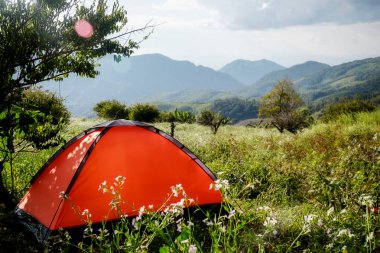Bir ormanda kamp. Gölün yeşil orman çadırda turist ile sabah sahne. Açık Lifestyle.selective odak.