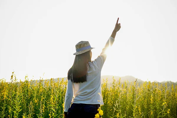 Aziatische hipster man genieten van zonsondergang op peak. Toeristische reiziger op achtergrond vallei landschap weergave mock-up, zonsondergang in reis in Baskenland. — Stockfoto