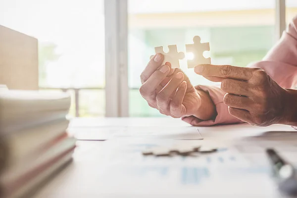 Business Man Hands Connecting Jigsaw Puzzle Business Solutions Success Strategy — Stock Photo, Image